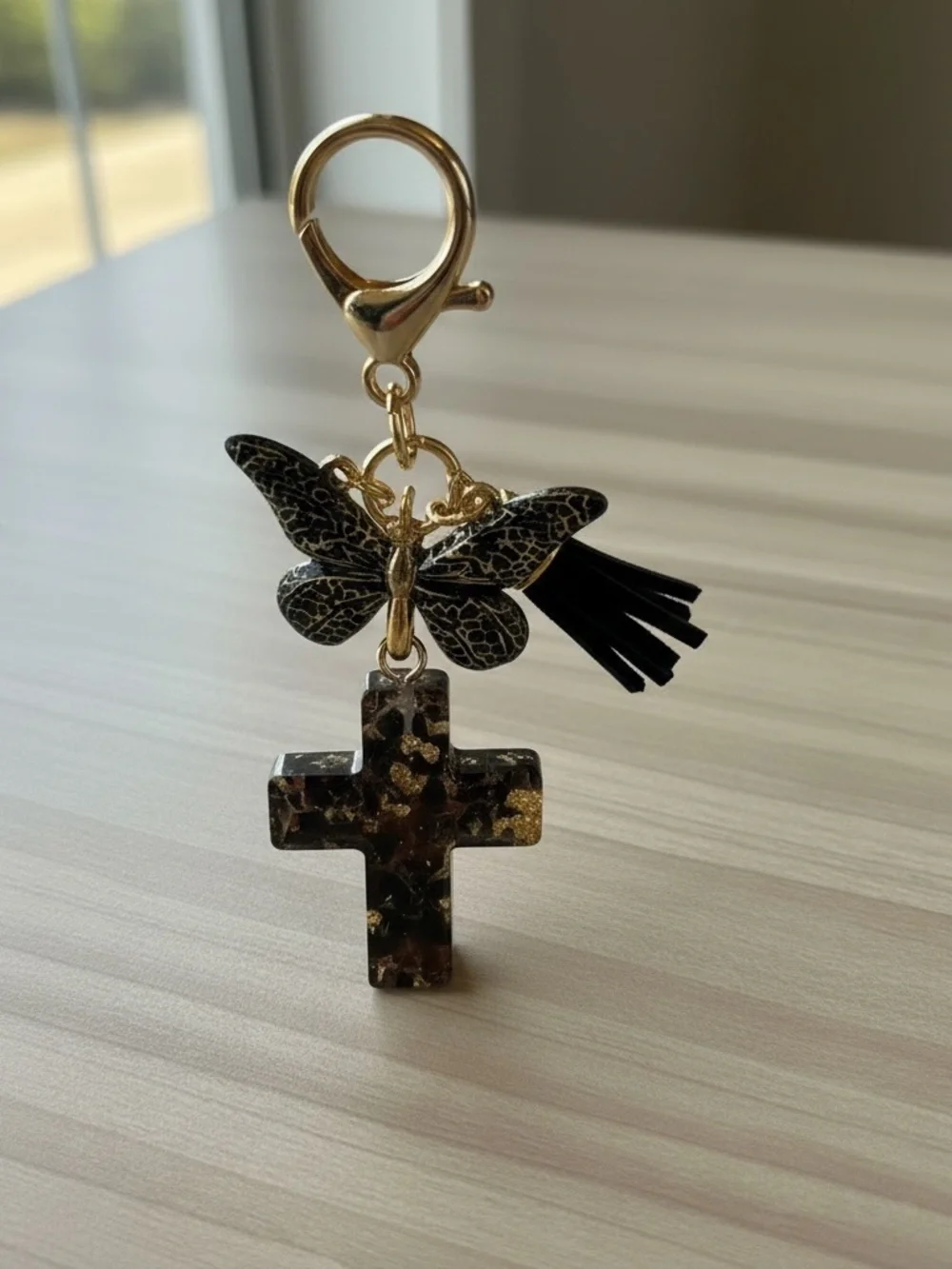 Gold Butterfly & White Mosaic Cross Keychain Charm